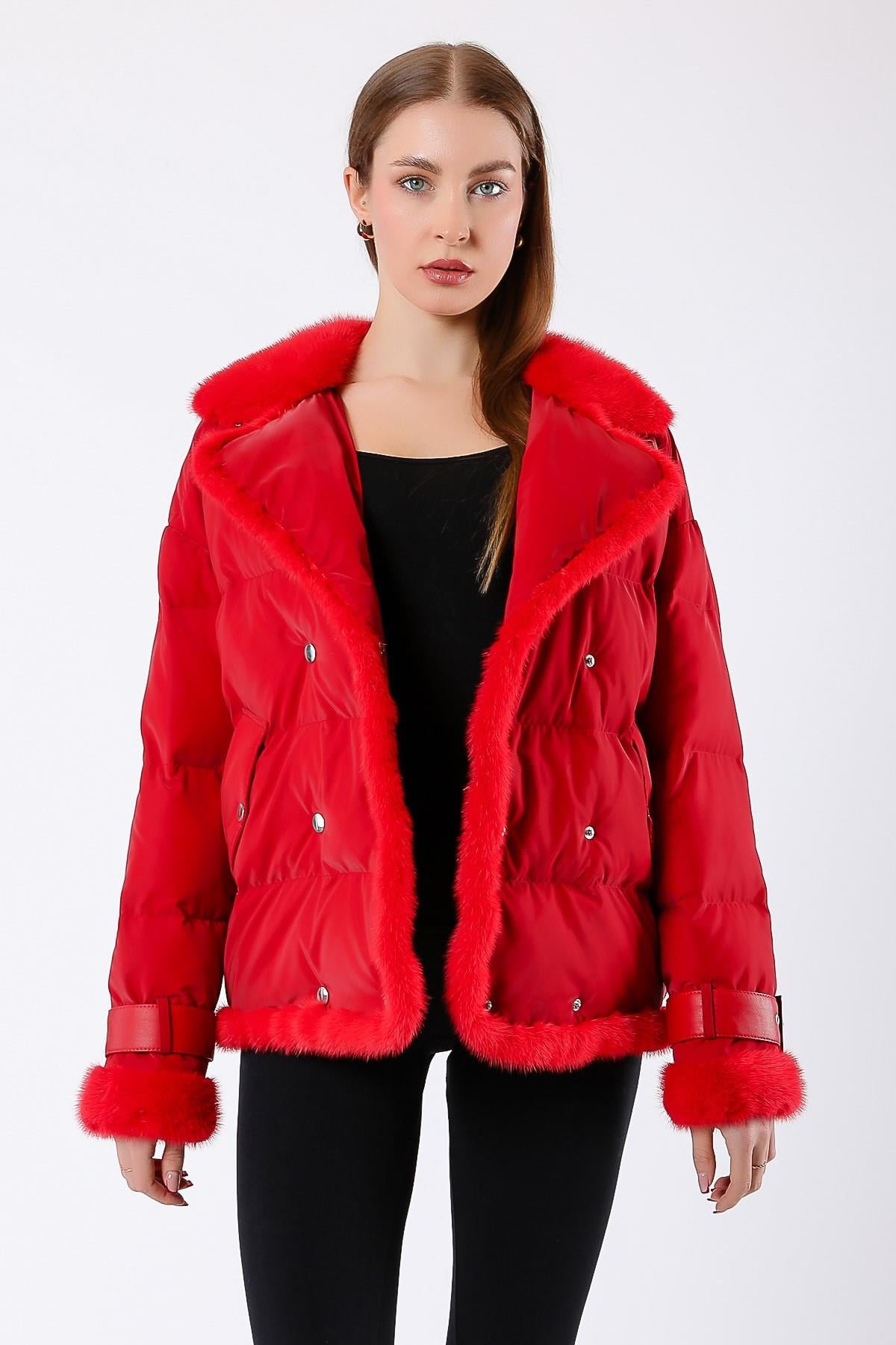 Doudoune en fourrure de vison rouge avec garniture en fourrure de vison, LC Leather Club