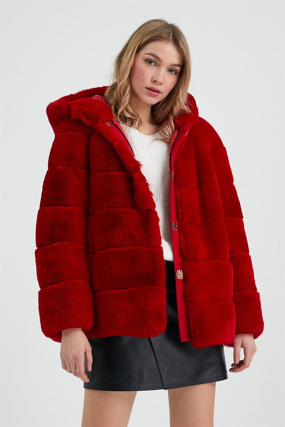 Manteau en fourrure de rex rouge, LC Leather Club