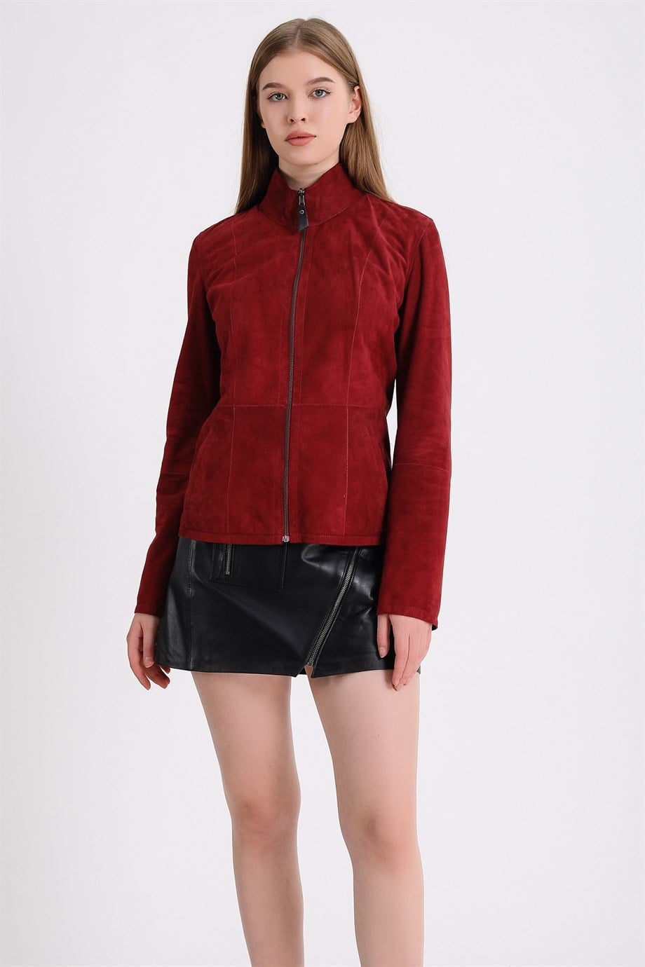 Veste en daim réversible rouge et noire, LC Leather Club