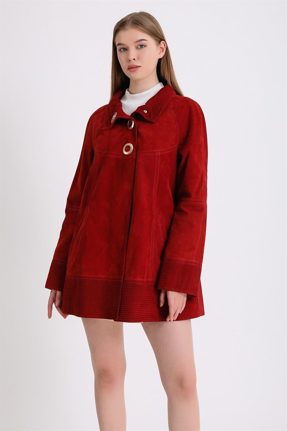 Manteau rouge en daim et cuir, LC Leather Club