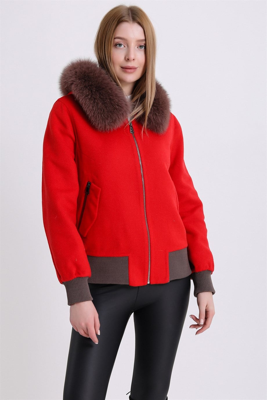Manteau alpaga rouge avec finition fourrure renard, LC Leather Club