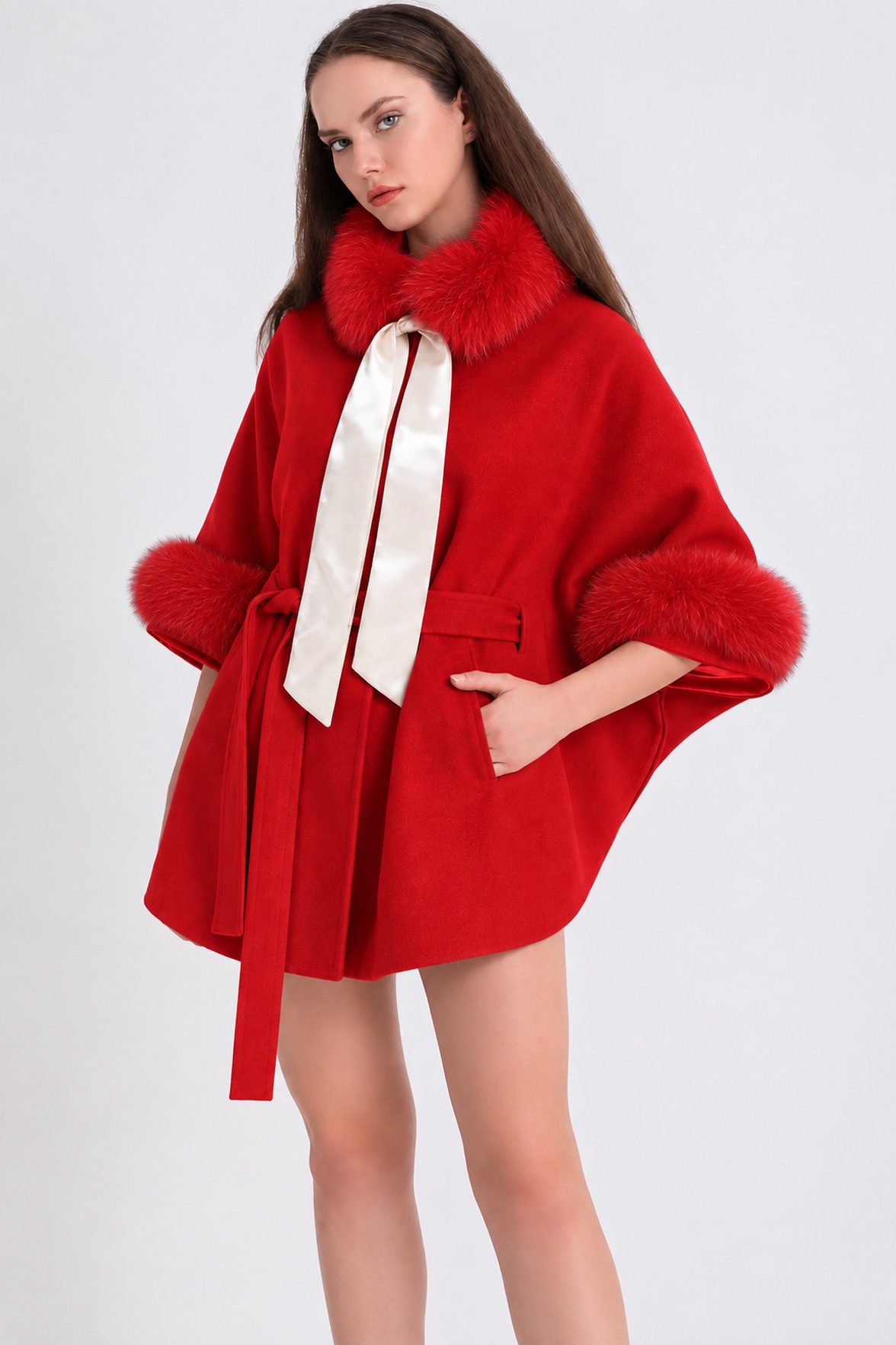 Rode kasjmier cape jas met vossebon afwerking, LC Leather Club