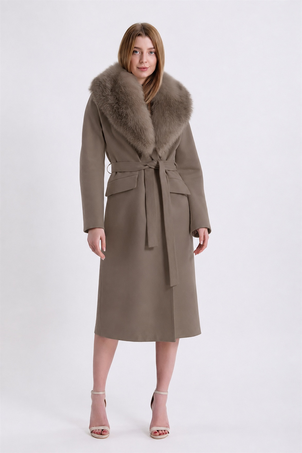 Donkerbeige Arjante kasjmieren mantel met vossenboord, LC Leather Club
