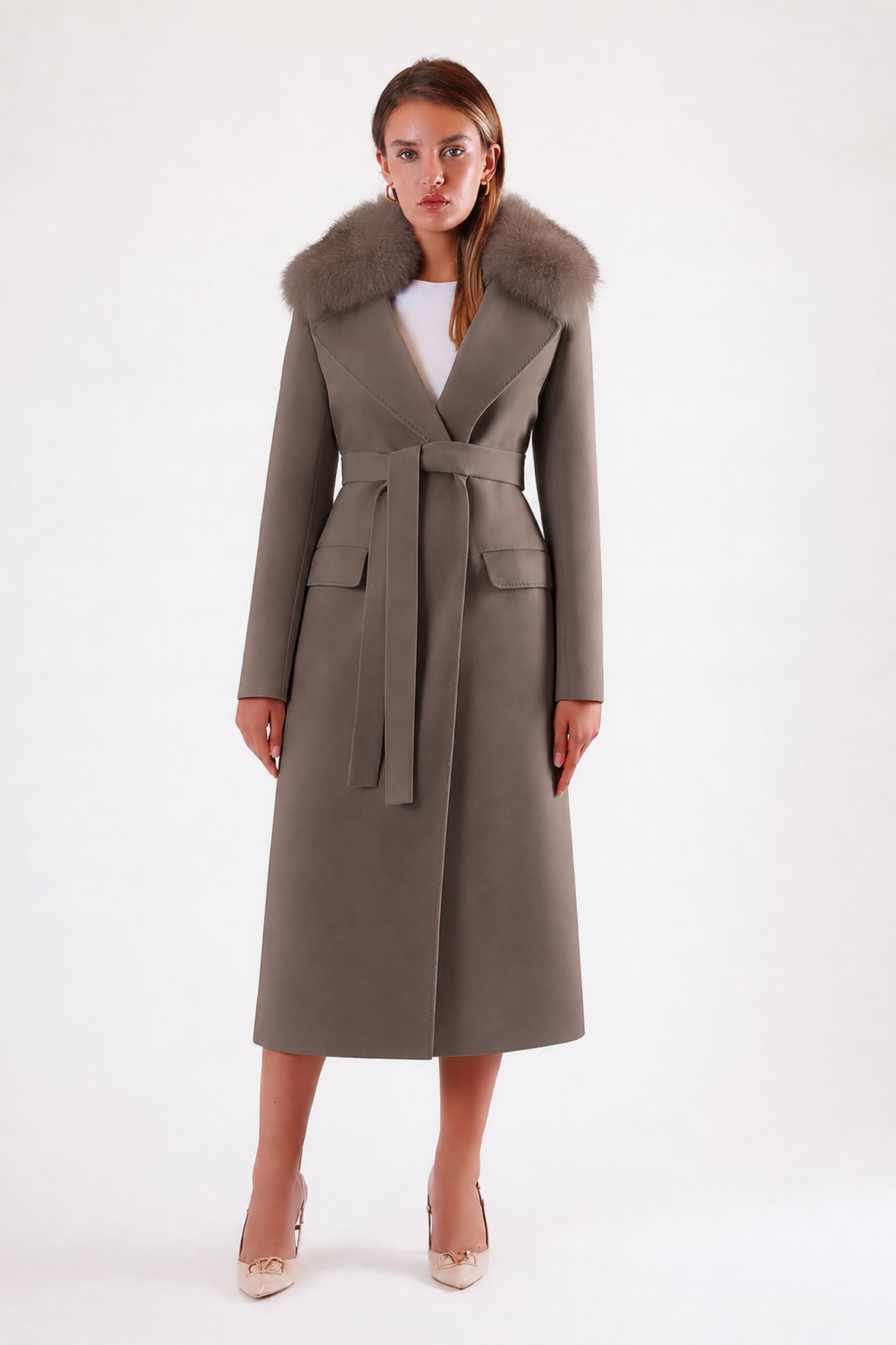 Manteau en cachemire beige foncé avec fioritures en fourrure, LC Leather Club
