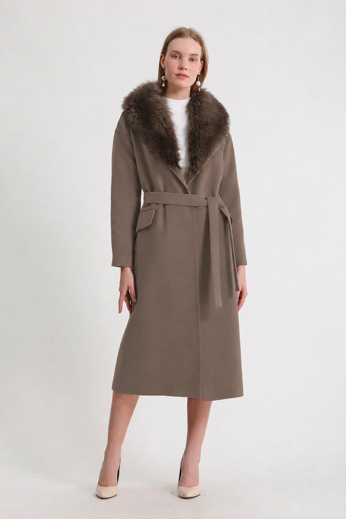 Donkerbeige kasjmier mantel met bontafwerking, LC Leather Club