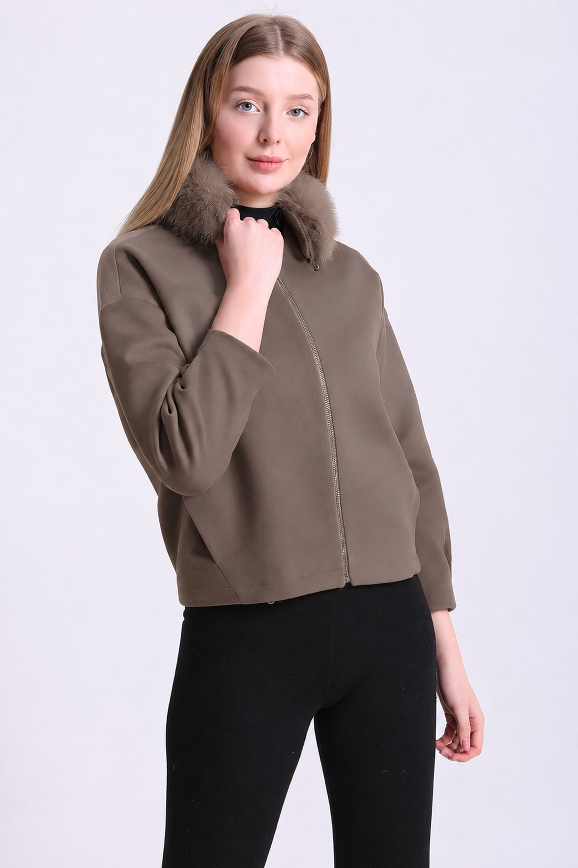 Veste en cachemire beige foncé avec fitures en renard, LC Leather Club