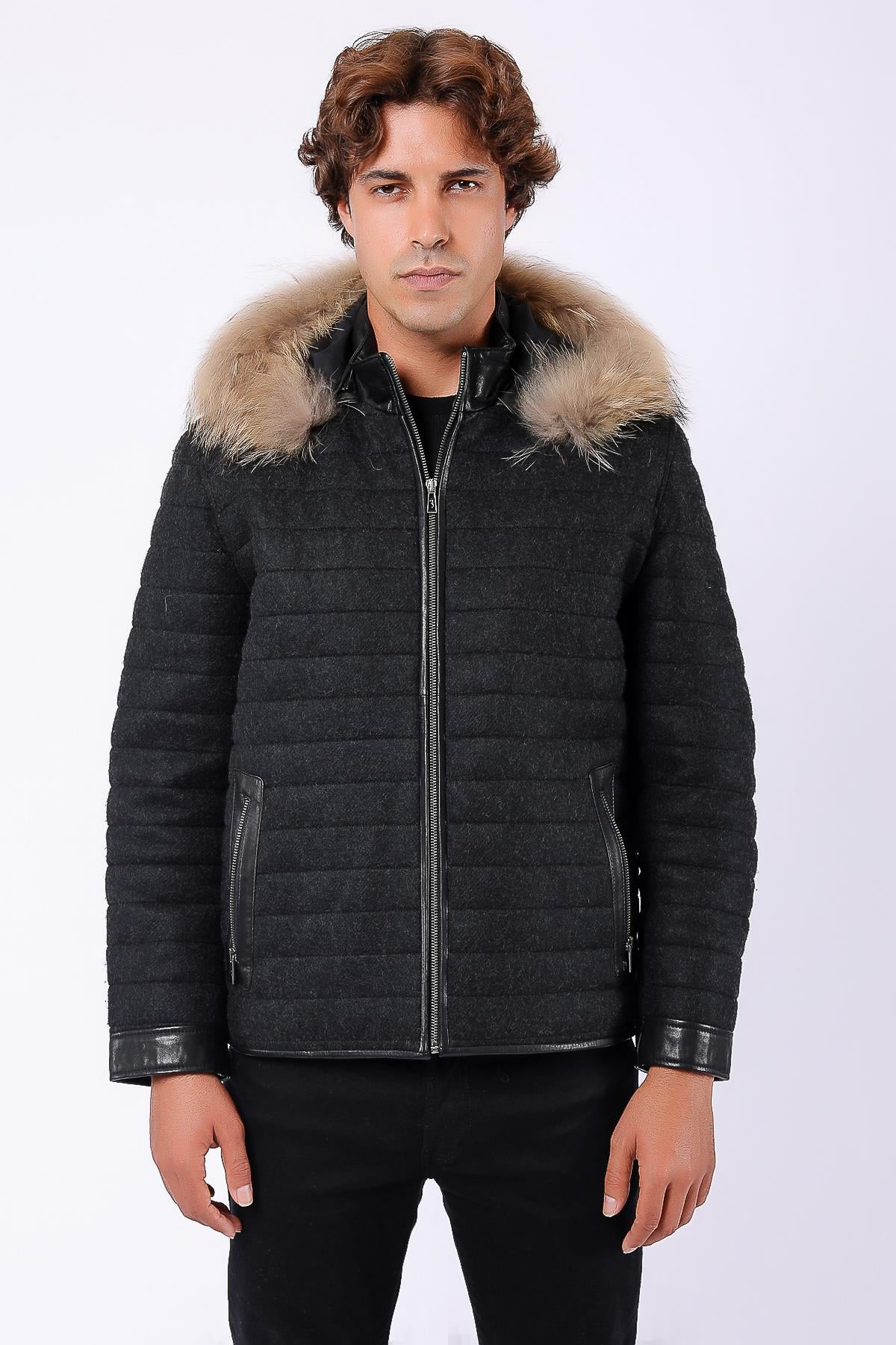 Manteau en cachemire gris foncé avec parure de renard et garniture cuir, LC Leather Club