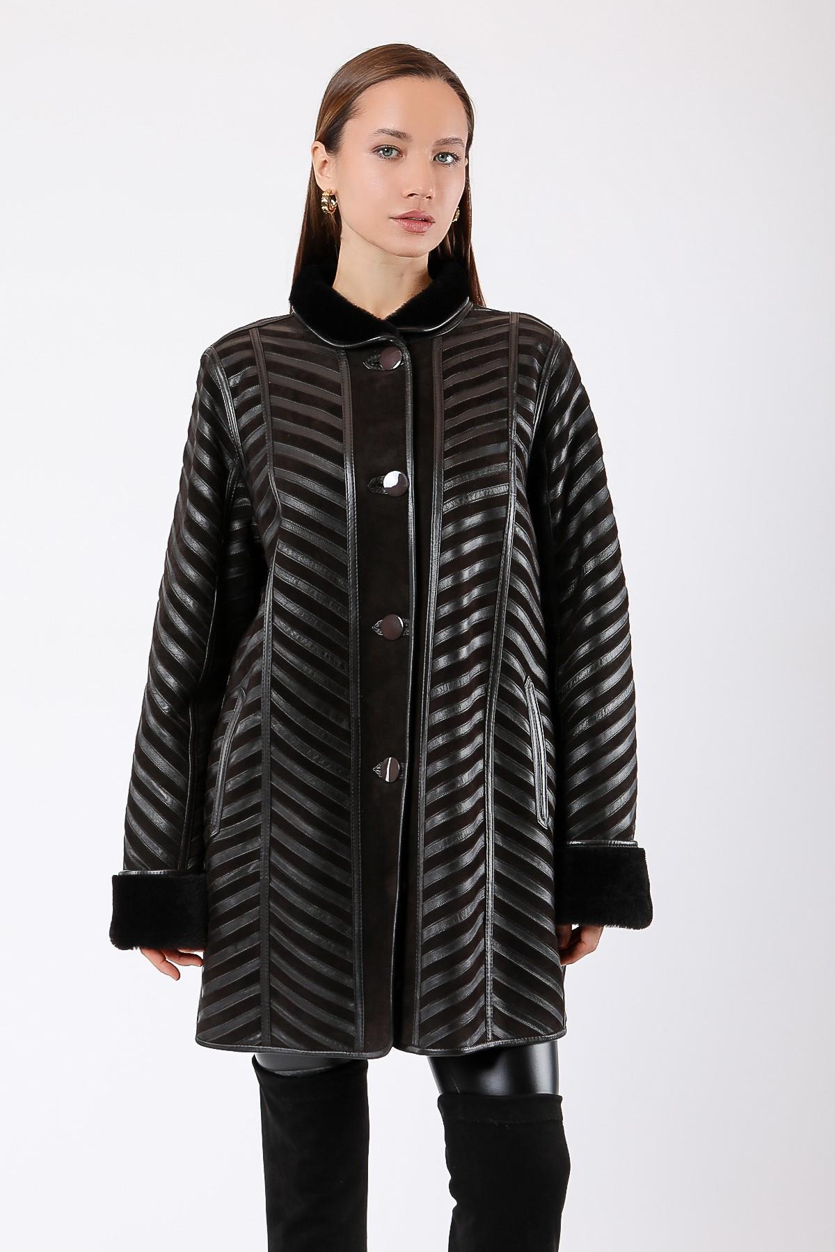 Manteau en fourrure marron foncé réversible avec garniture en cuir authentique, LC Leather Club
