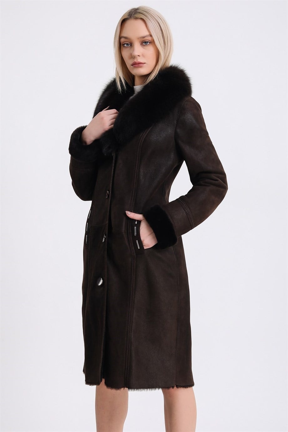Dark Brown Lamb Fur Coat with Fox Trim, LC Leather Club