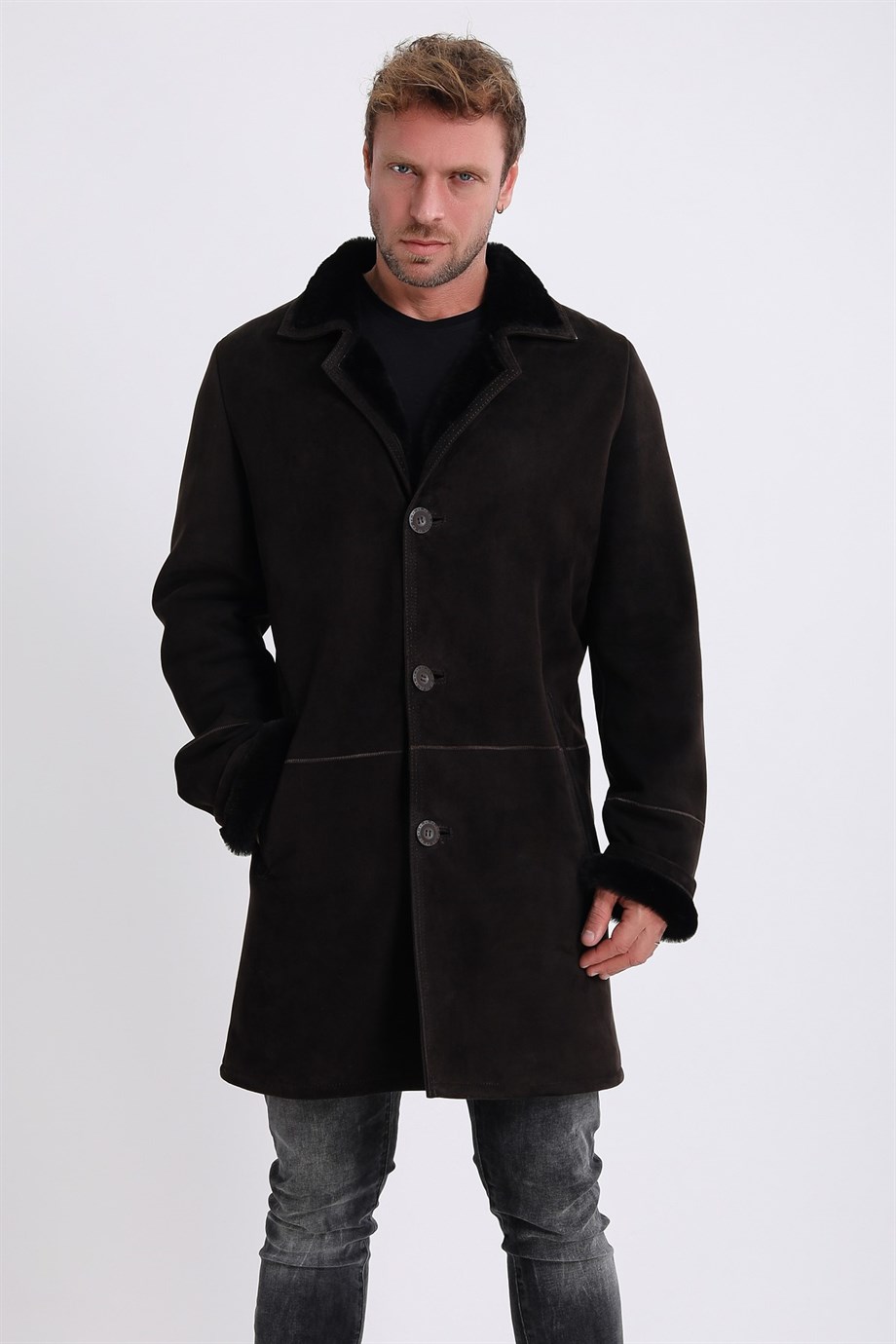 Manteau en daim et cuir brun foncé doublé en fourrure d'agneau, LC Leather Club