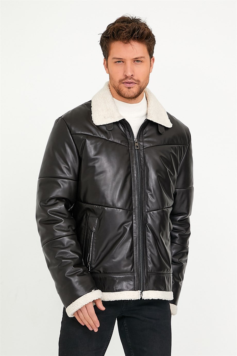 Veste en cuir marron foncé avec détail en laine, LC Leather Club