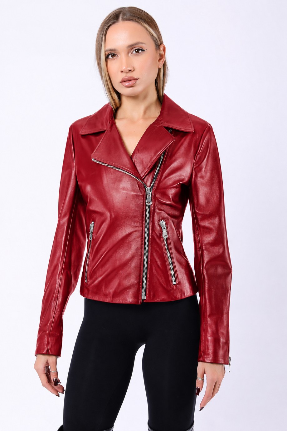 Koyu Kırmızı Asimetrik Fermuarlı Hakiki Deri Ceket, LC Leather Club