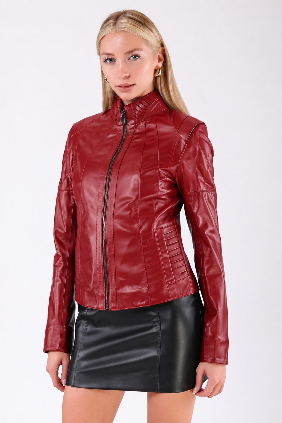 Koyu Kırmızı Dik Yaka Fitted Deri Ceket, LC Leather Club