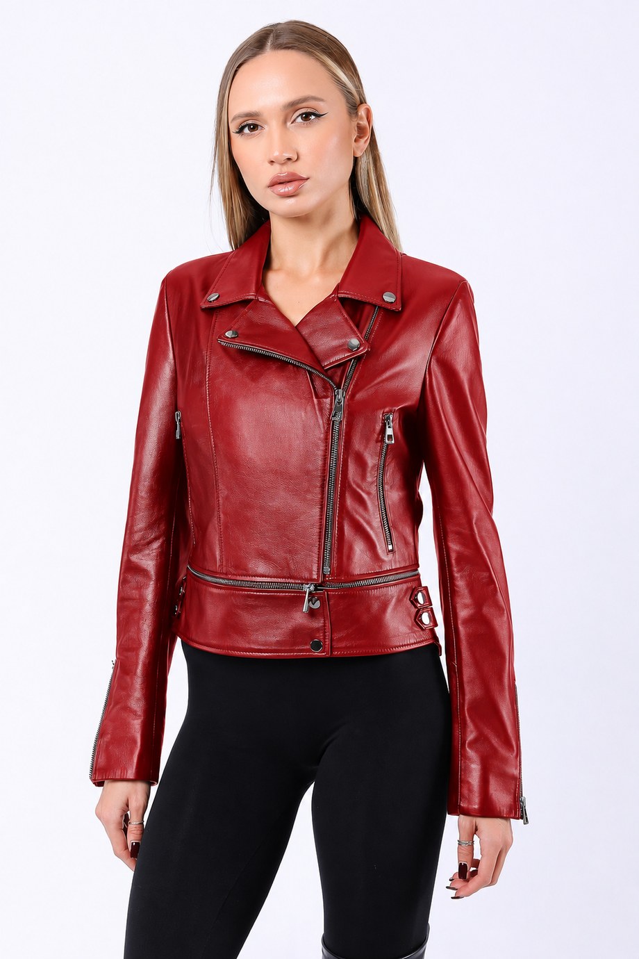 Koyu Kırmızı Fonksiyonel Hakiki Deri Ceket, LC Leather Club
