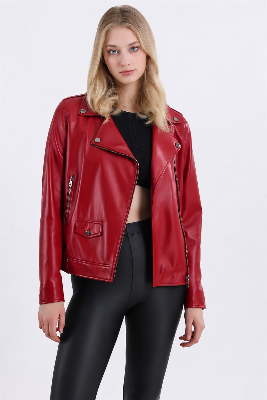 Koyu Kırmızı Kapak Cepli Biker Deri Ceket, LC Leather Club