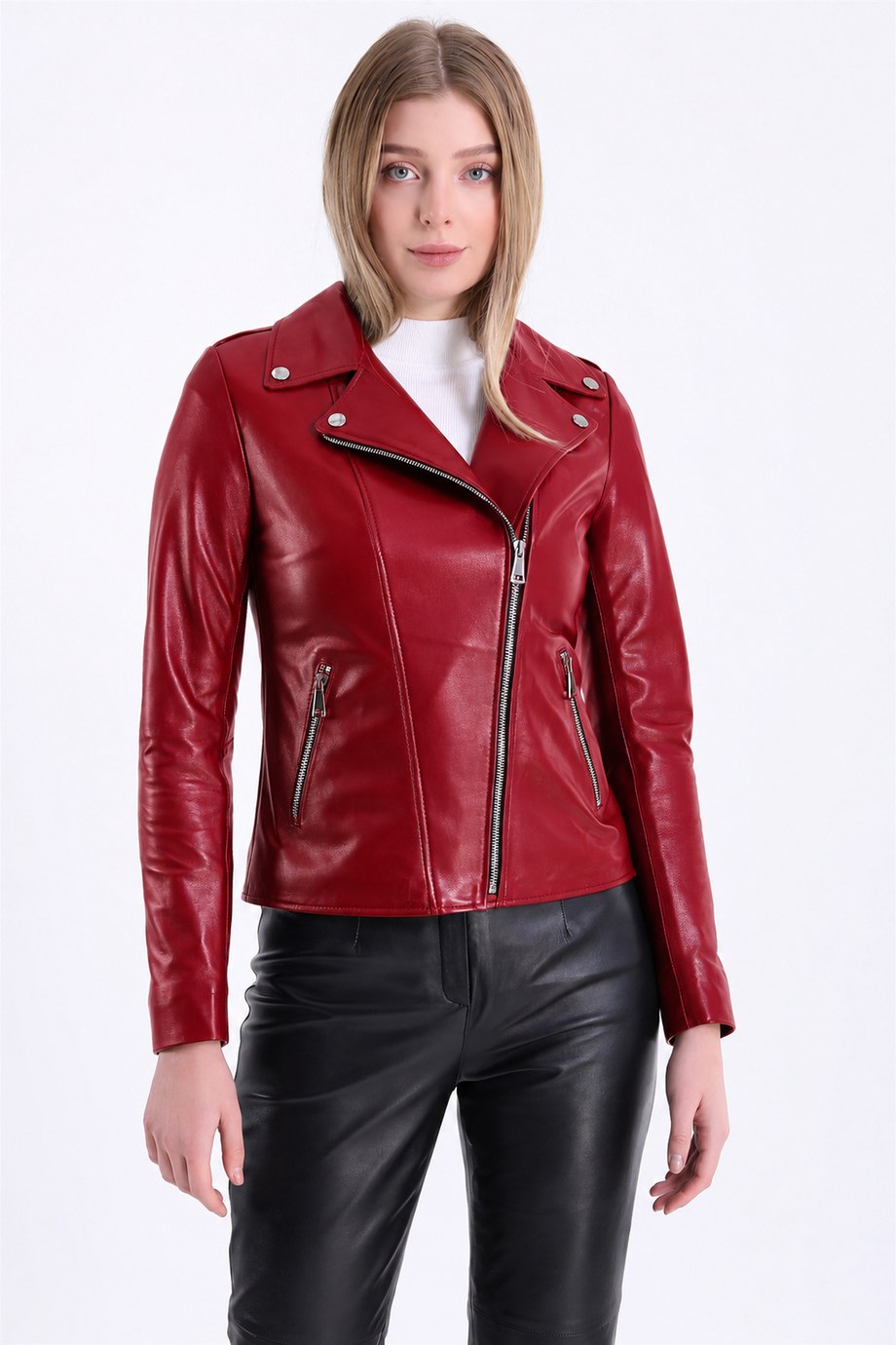 Koyu Kırmızı Kemer Aksesuarlı Fitted Deri Ceket, LC Leather Club