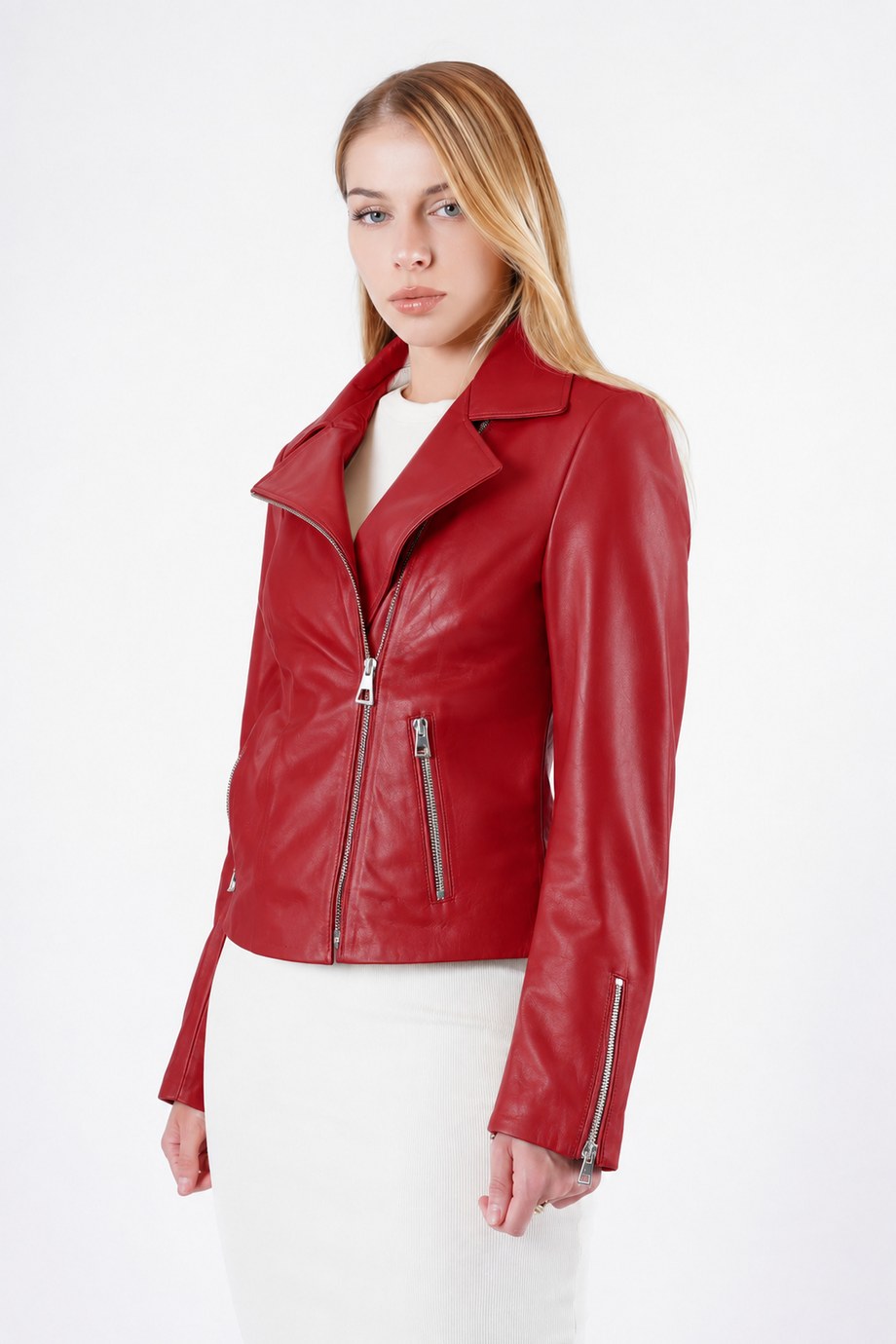 Koyu Kırmızı Kısa Kruvaze Hakiki Deri Ceket, LC Leather Club