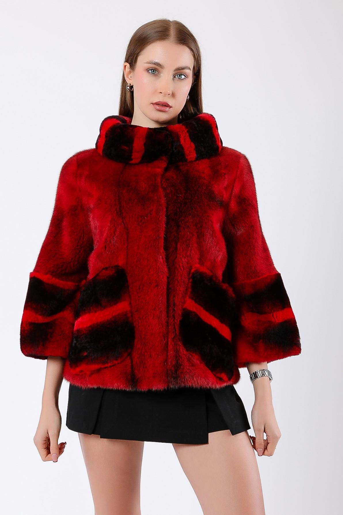 Manteau de vison rouge foncé avec garniture de fourrure, LC Leather Club