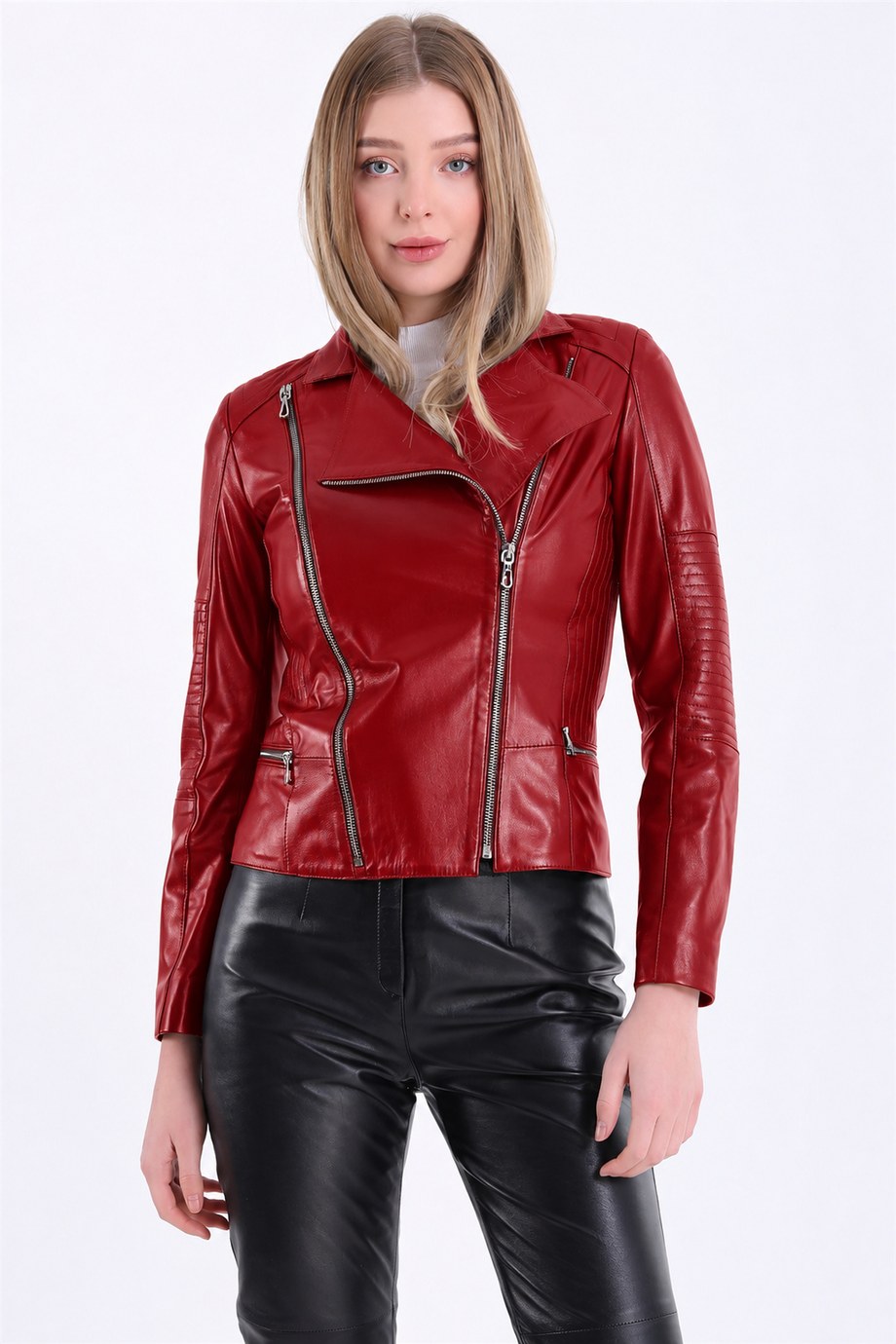 Koyu Kırmızı Şerit Detaylı Kruvaze Deri Ceket, LC Leather Club