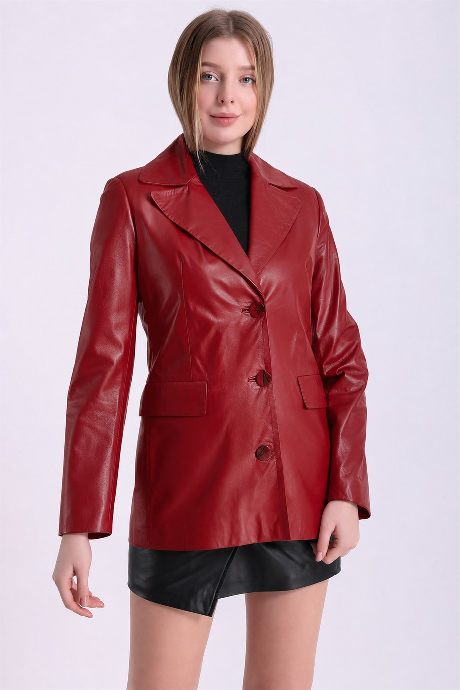 Koyu Kırmızı Uzun Blazer Deri Ceket, LC Leather Club