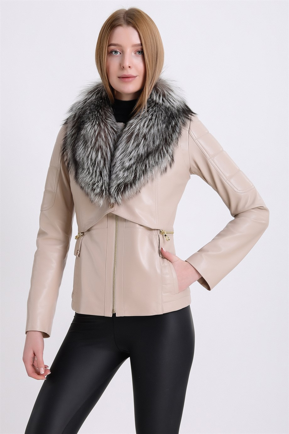 Veste en peau d'agneau crème avec garniture fourrure renard, LC Leather Club