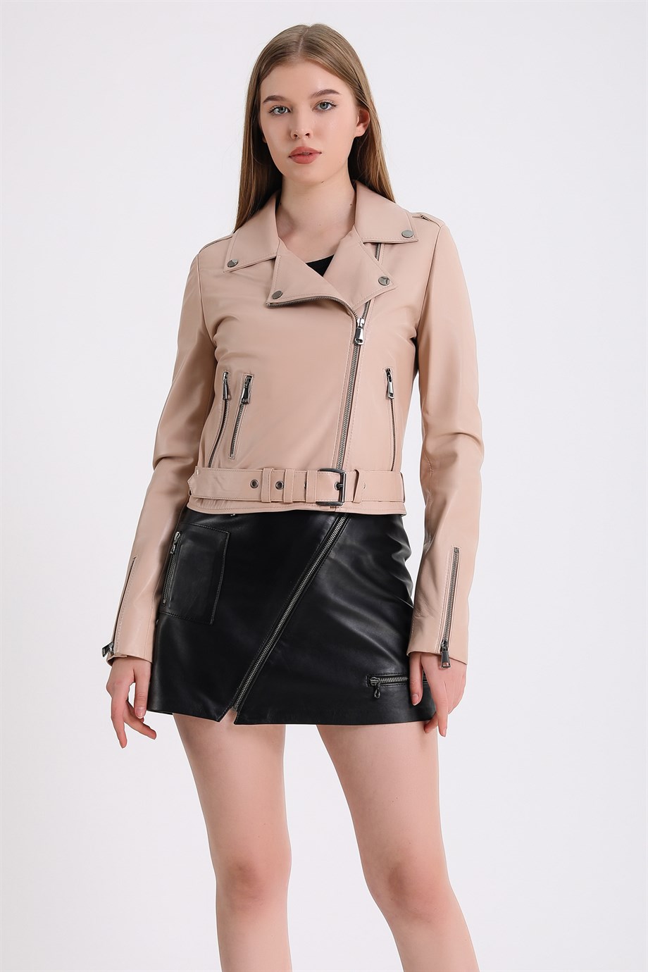 Veste biker en cuir couleur crème, LC Leather Club