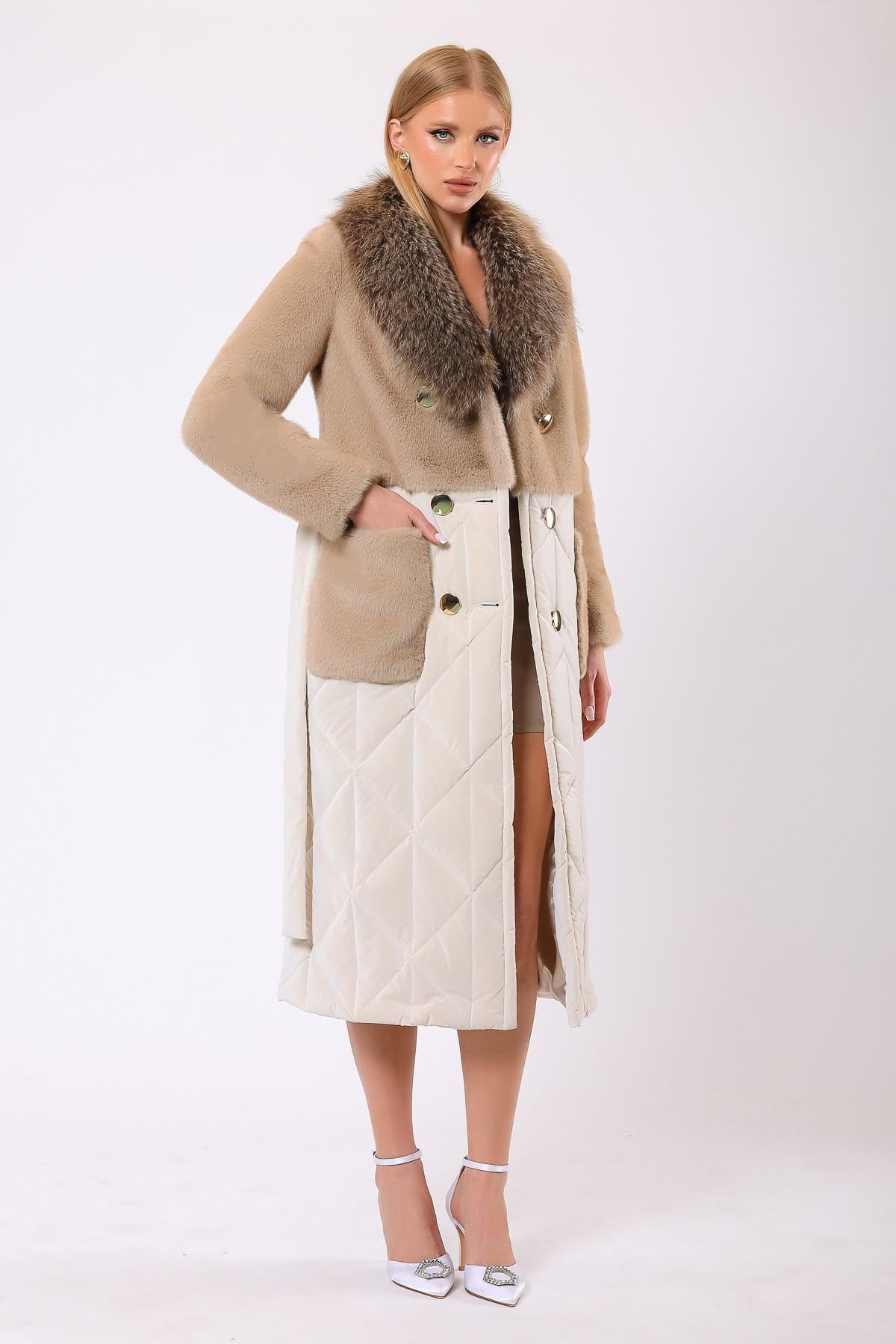 Manteau Diana en laine avec garniture de fourrure crème, LC Leather Club