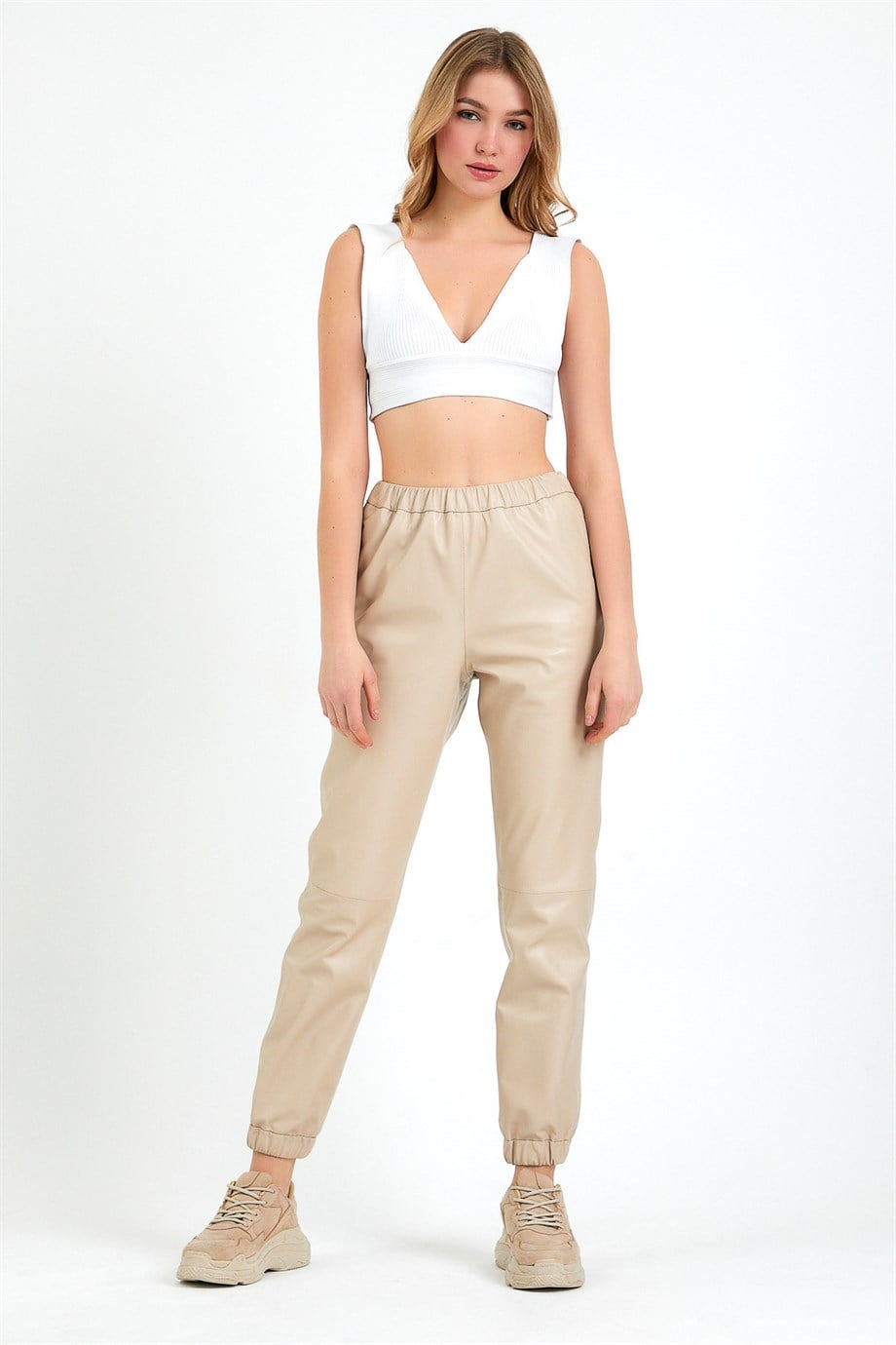 Pantalon en cuir crème coupe ajustée, LC Leather Club