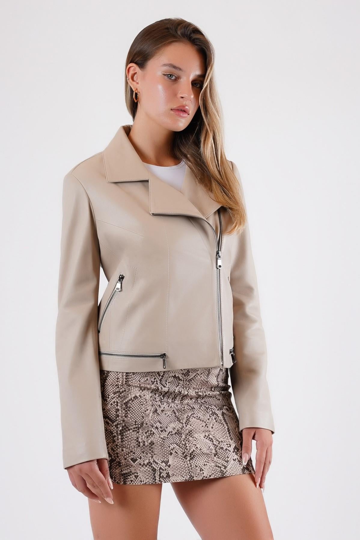 Veste en cuir crème Biker, LC Leather Club