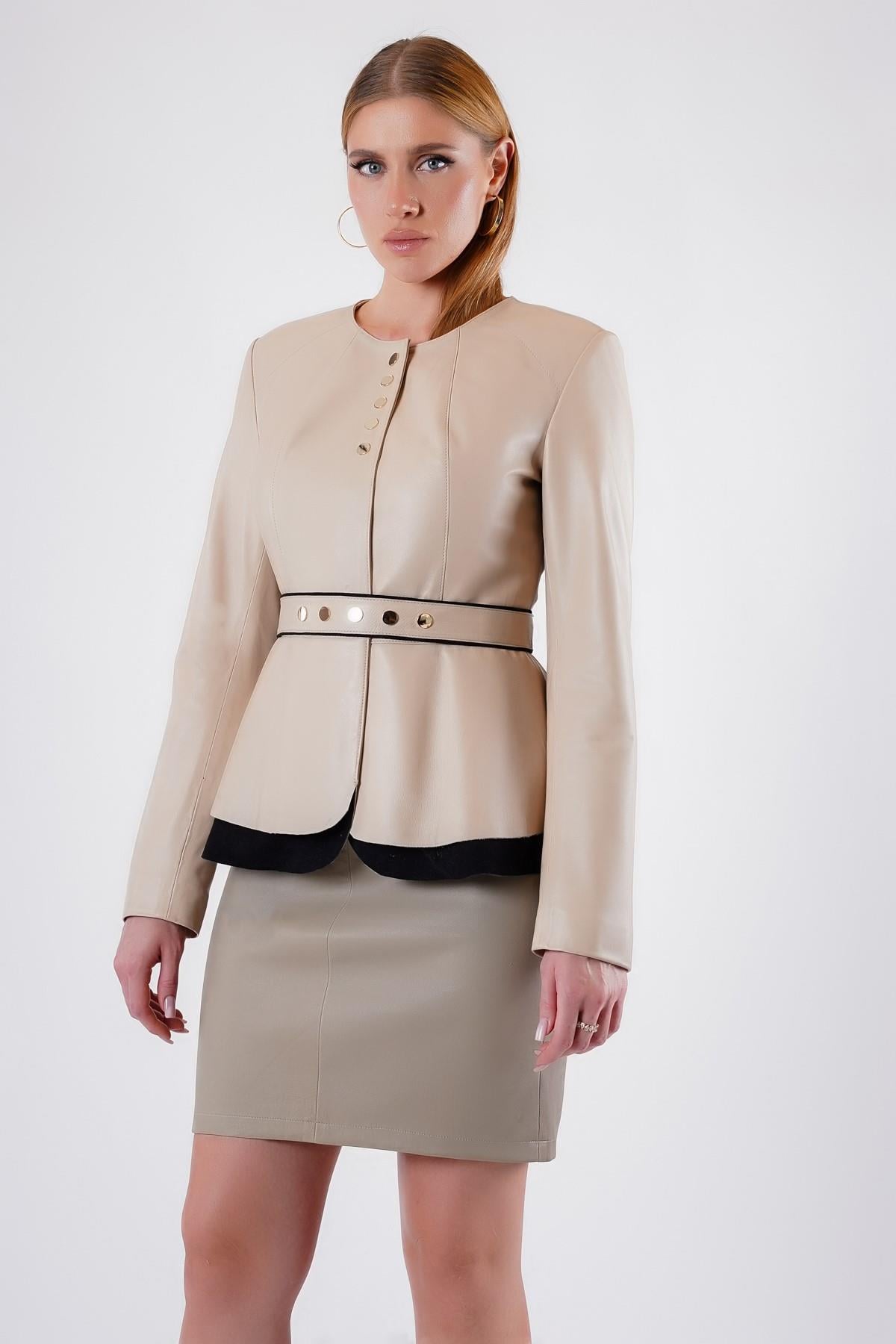 Cremefarbene Lederjacke mit Gürteldetail, LC Leather Club