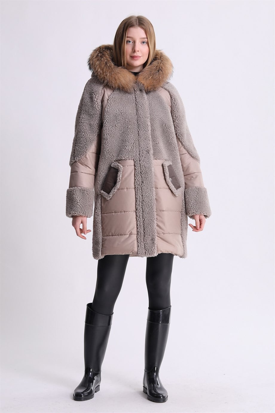 Doudoune crème avec détails en renard, LC Leather Club