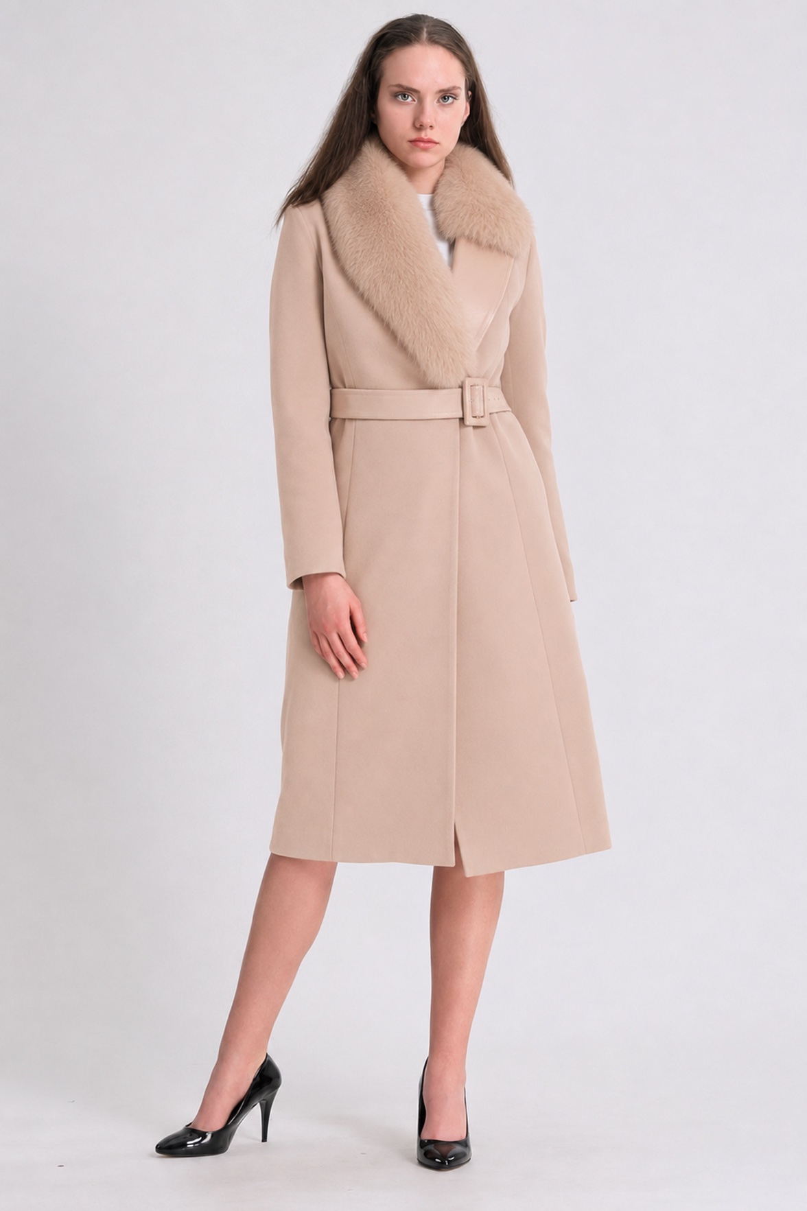 Manteau en cachemire couleur crème avec finitions en fourrure de renard et montone, LC Leather Club