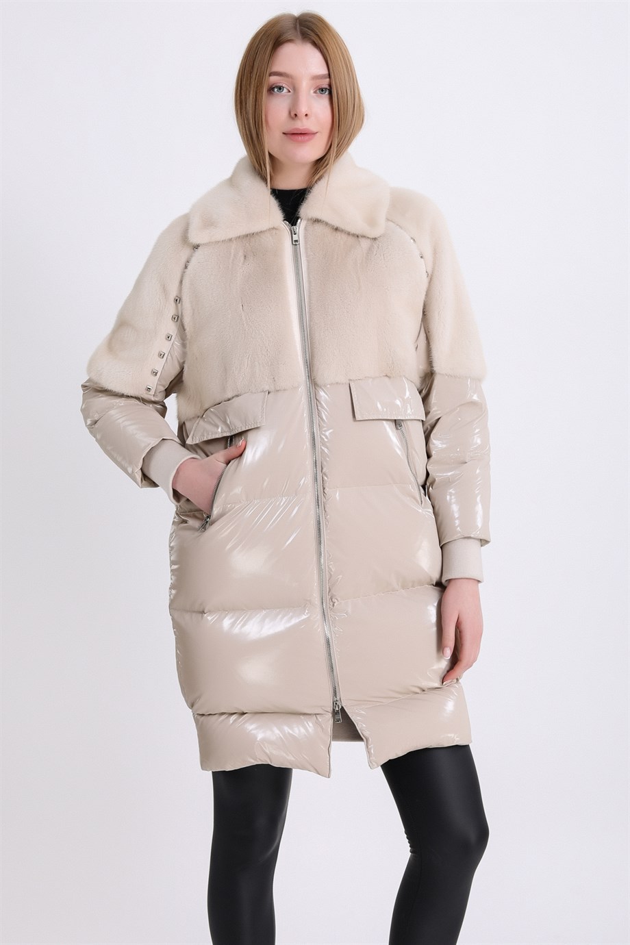 Cremefarbene Steppjacke mit Nerzakzenten, LC Leather Club