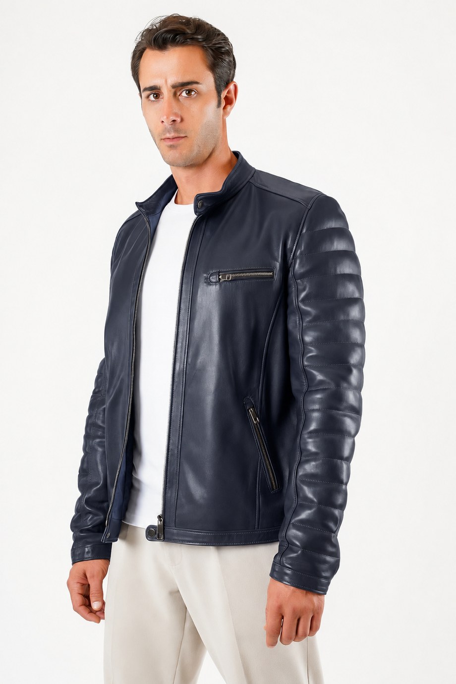 Lacivert Biker Hakiki Deri Ceket, LC Leather Club