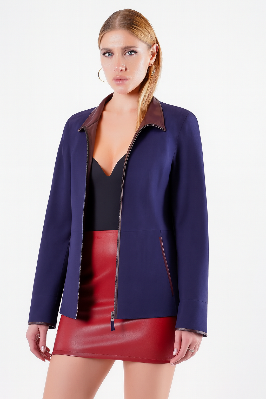 Veste en daim réversible bleu marine et bordeaux, LC Leather Club