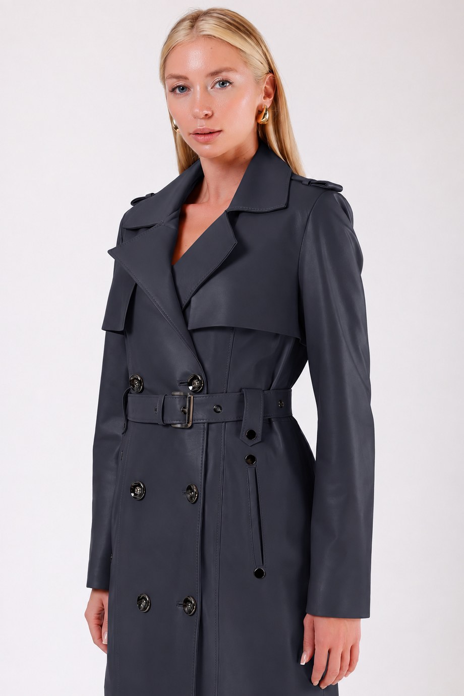 Lacivert Celine Hakiki Deri Trench Kaban, LC Leather Club