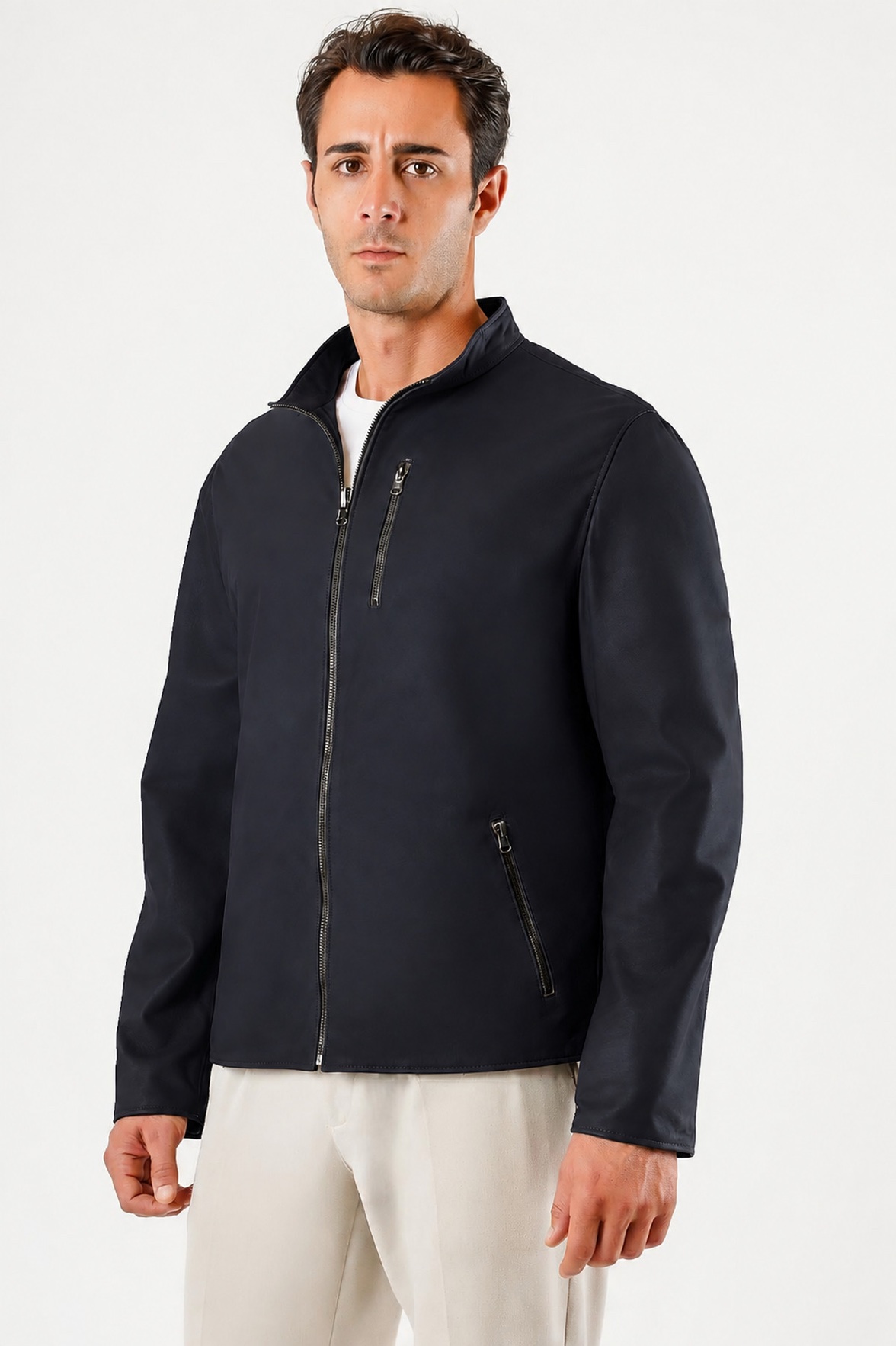Veste en cuir bleu marine réversible, LC Leather Club