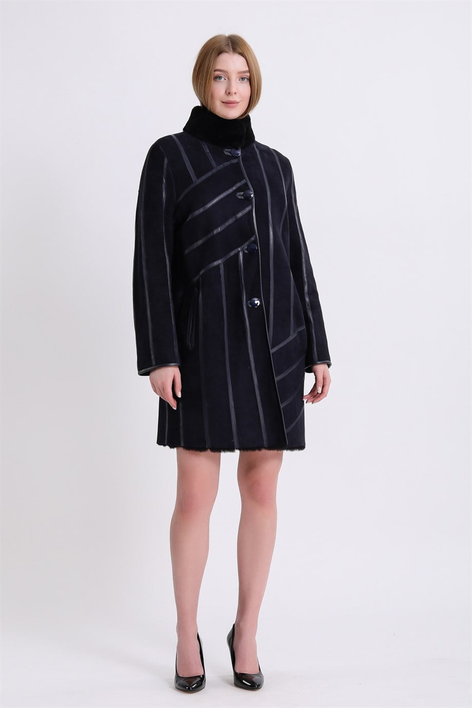 Navy Blue Reversible Fur Coat, LC Leather Club