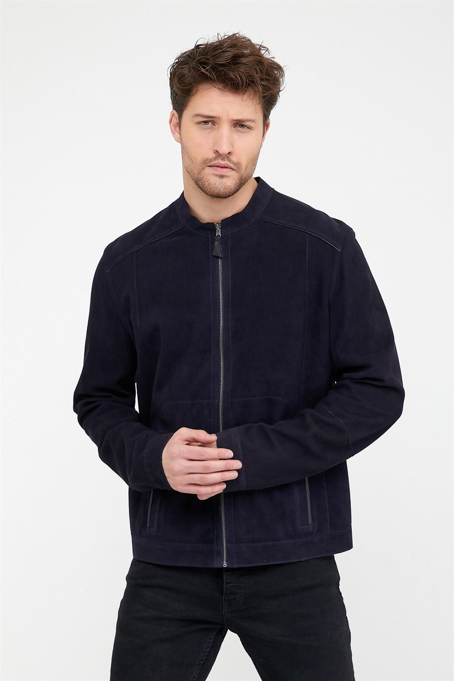 Veste réversible en daim et cuir bleu foncé, LC Leather Club