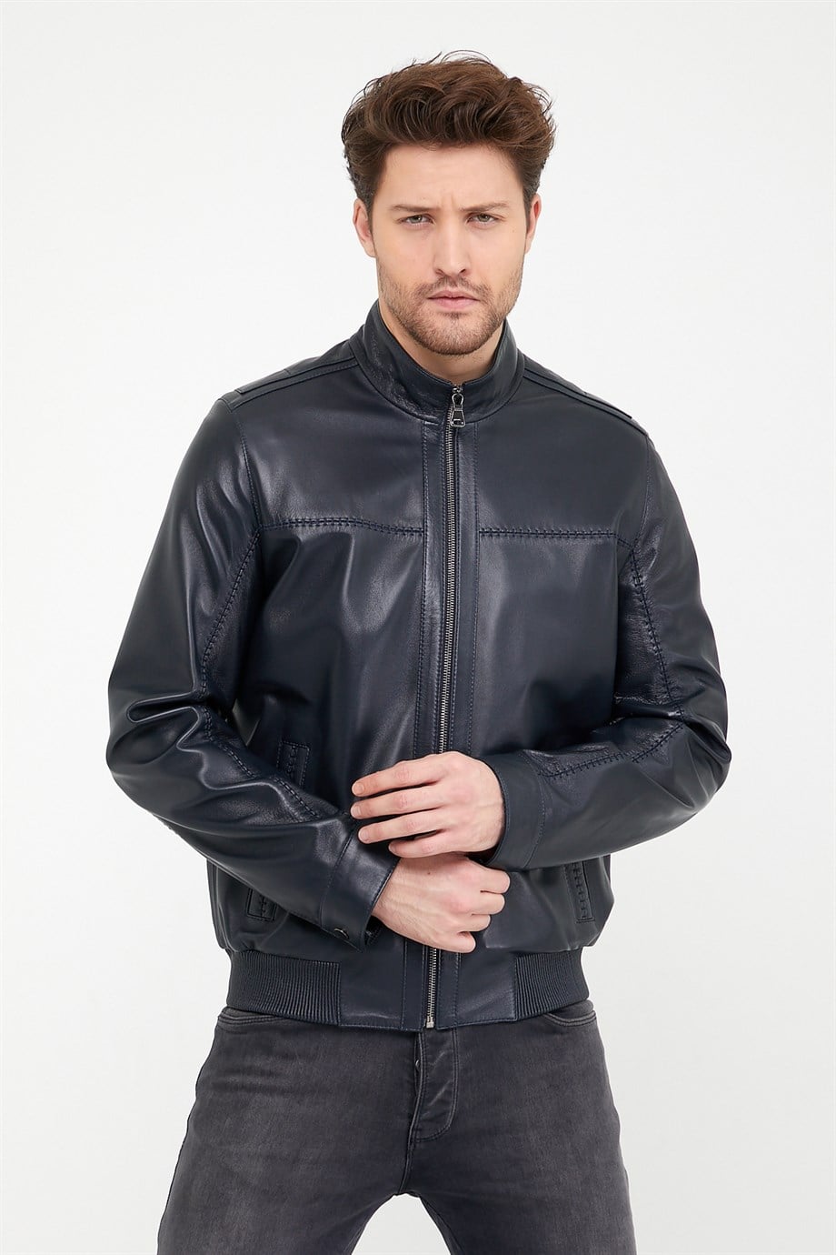 Veste en cuir bleu foncé, LC Leather Club
