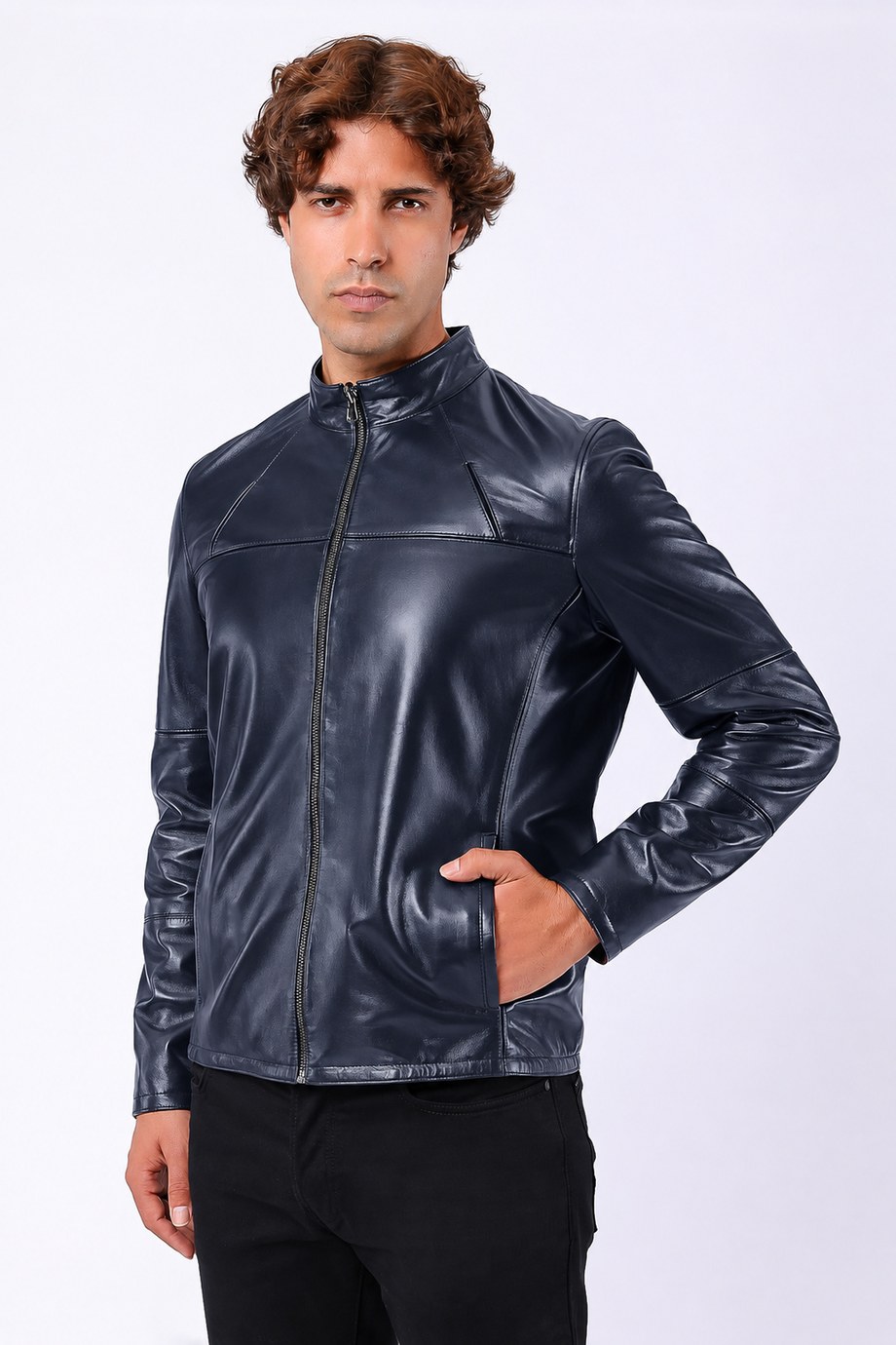 Lacivert Dik Yaka Çift Taraflı Hakiki Deri Ceket, LC Leather Club