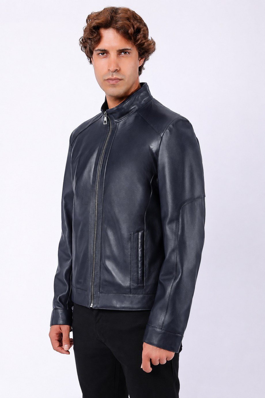 Lacivert Dik Yaka Hakiki Deri Ceket, LC Leather Club
