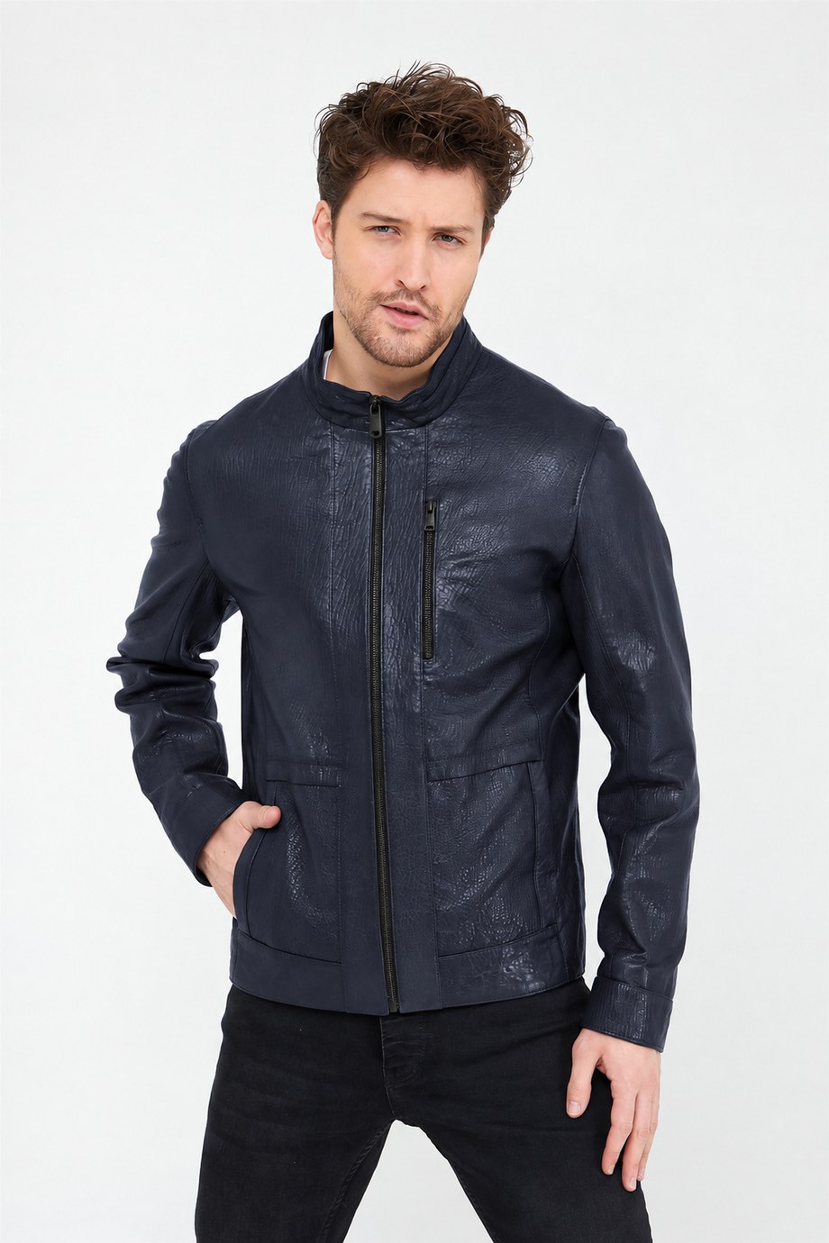 Lacivert Dik Yaka Jumbo Deri Ceket, LC Leather Club