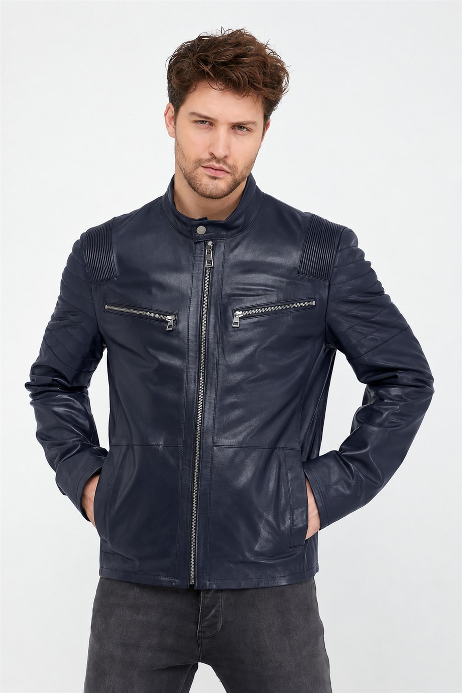 Lacivert Fermuar Cepli Deri Ceket, LC Leather Club