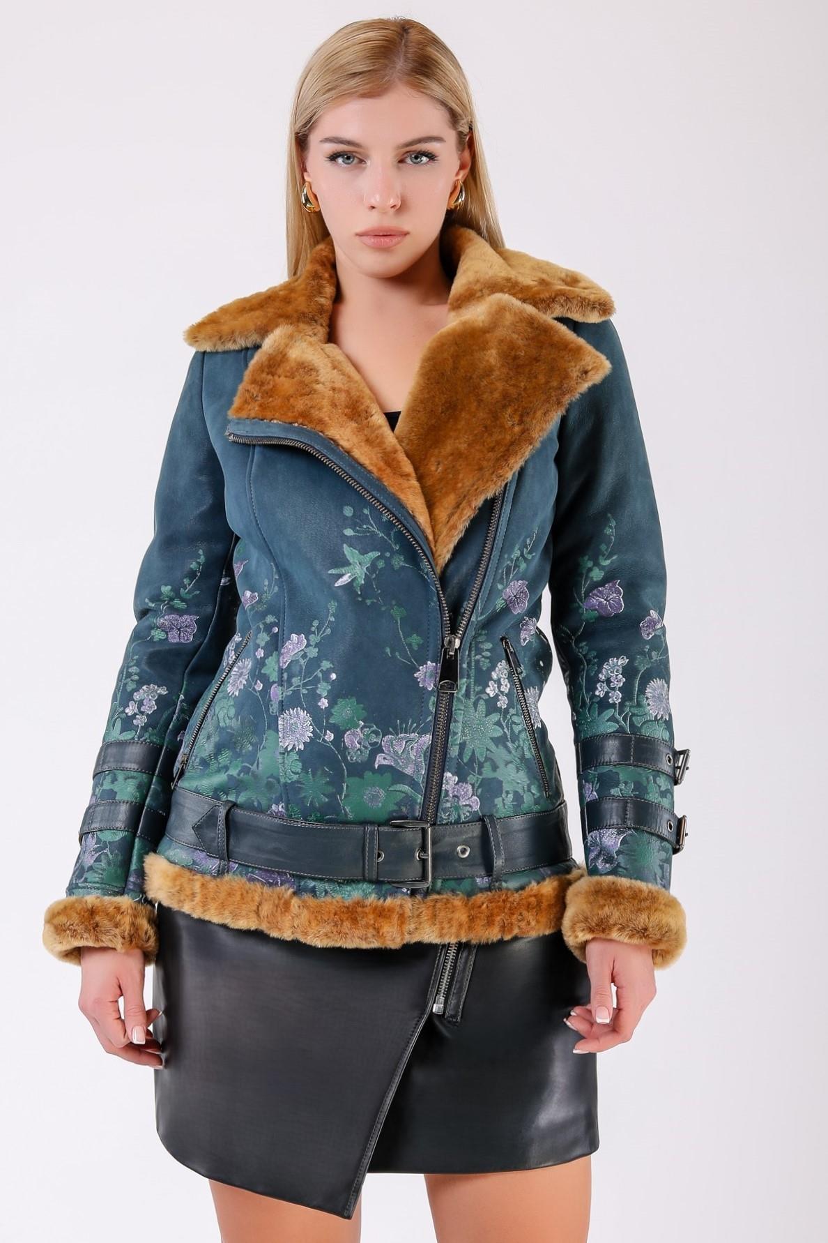 Lacivert Floral Desenli Kürk Kaban, LC Leather Club