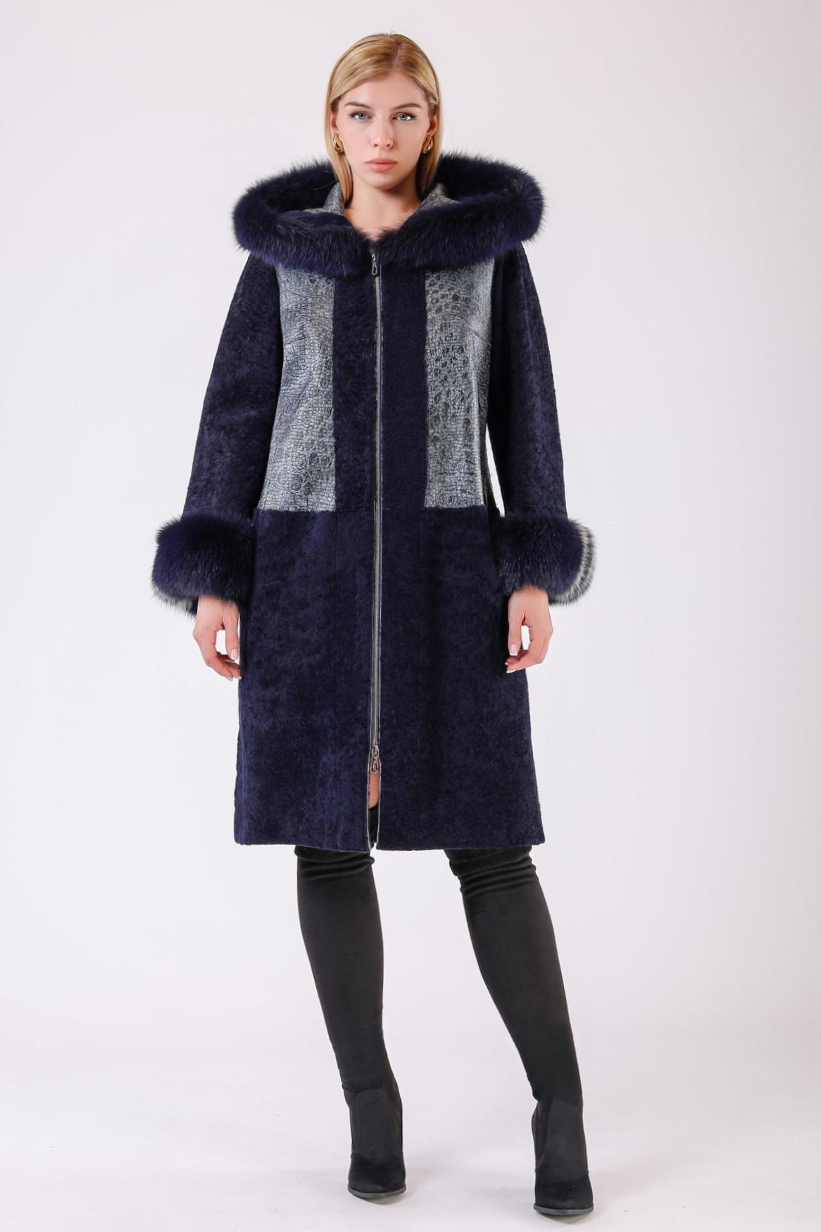 Manteau en fourrure bleu marine avec garniture renard, LC Leather Club