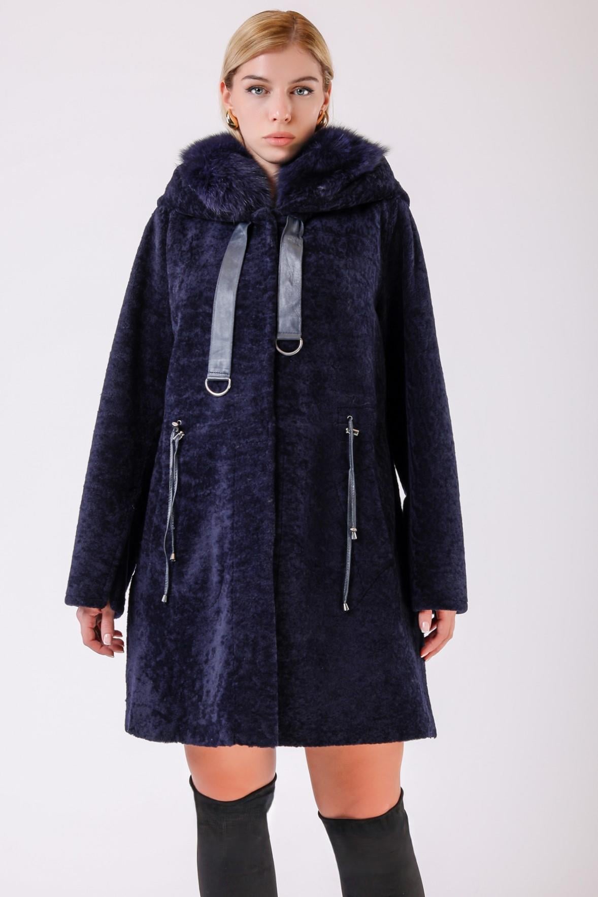 Navy Fur Coat with Fox Trim, LC Leather Club