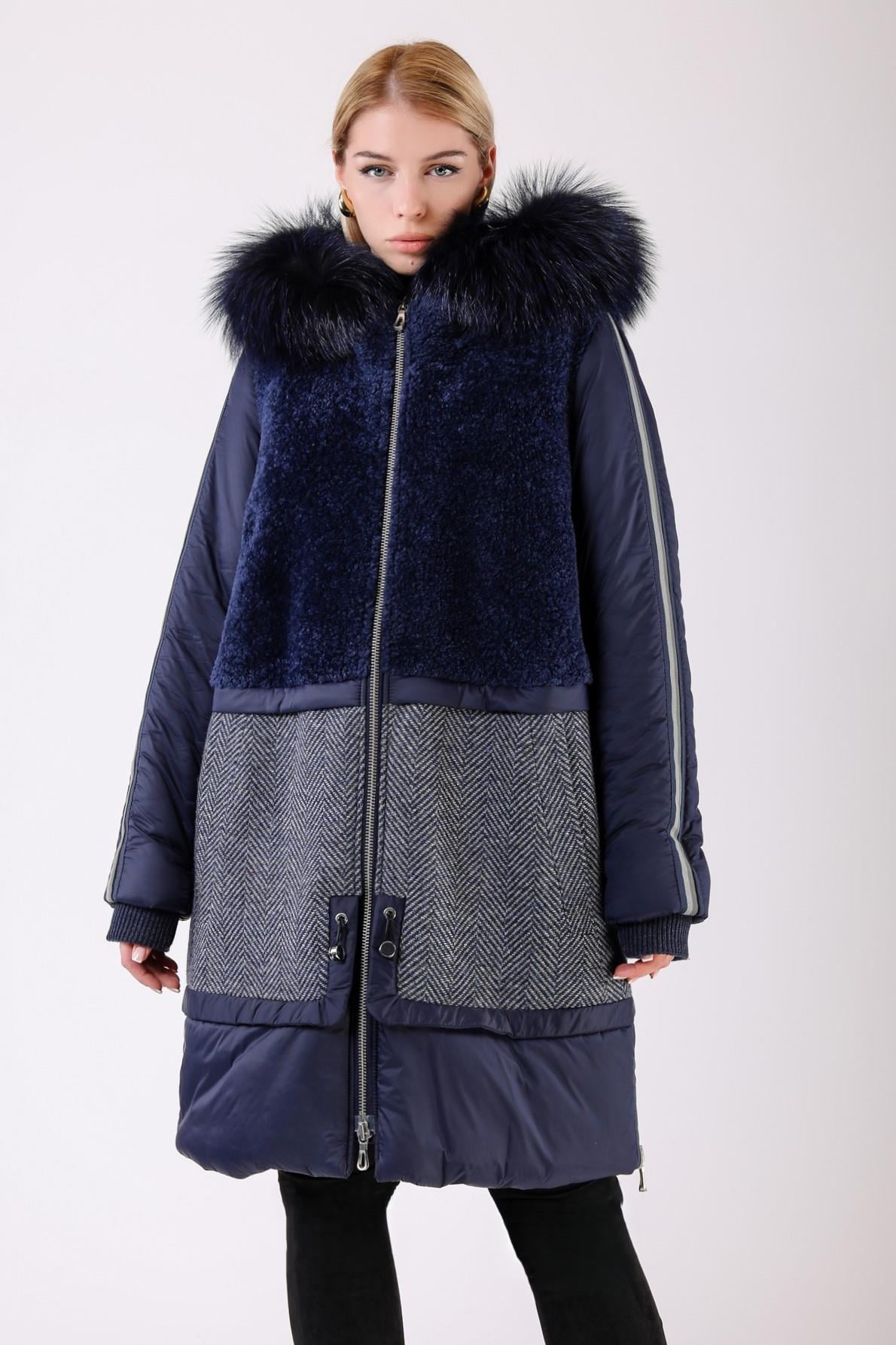 Donkerblauwe alpaca puffermantel met vosbontafwerking, LC Leather Club