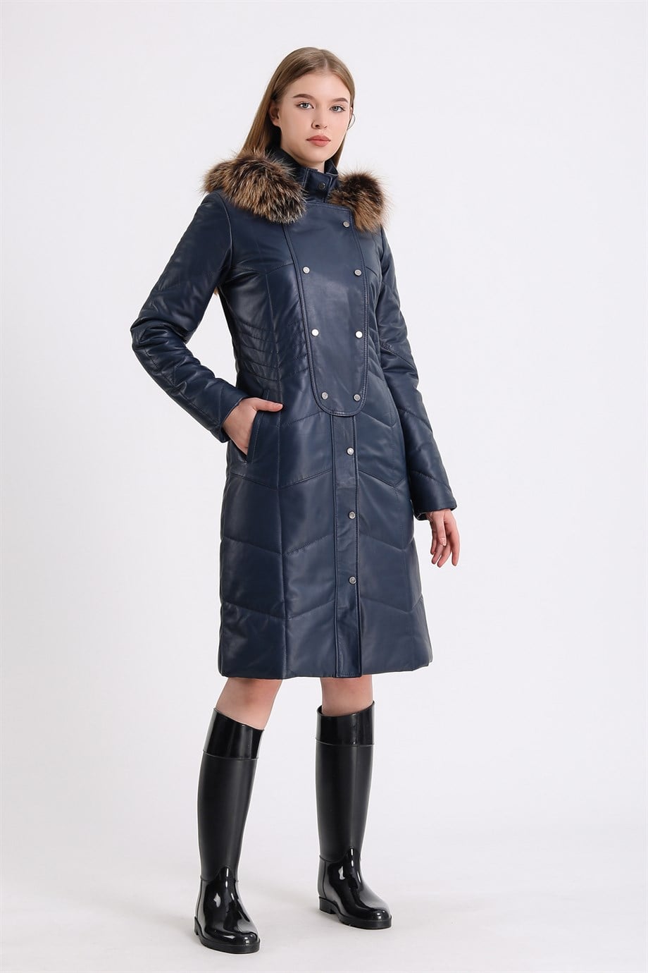 Donkerblauwe leren mantel met vosbont afwerking, LC Leather Club