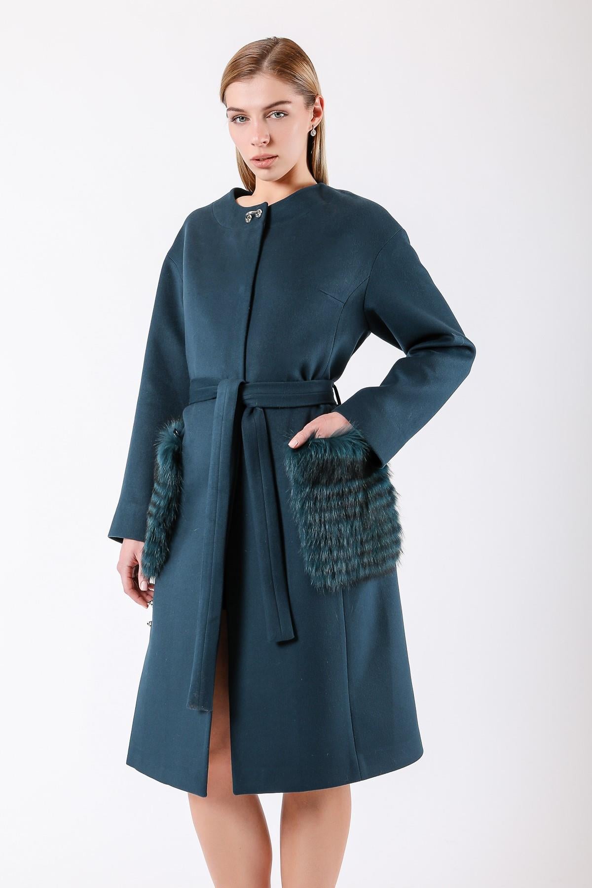 Manteau Cachemire avec garniture de fourrure de renard bleu foncé, LC Leather Club